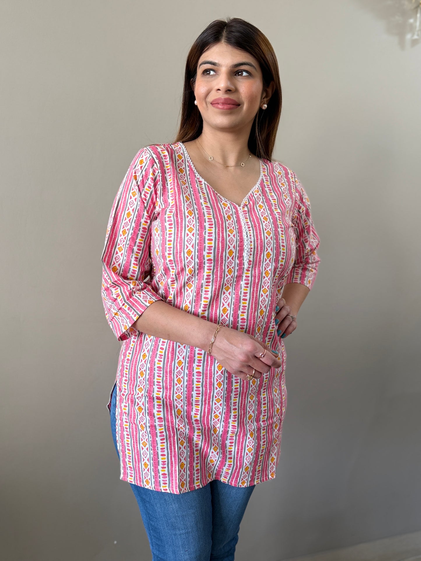 Abstract Printed Pink Short Kurti