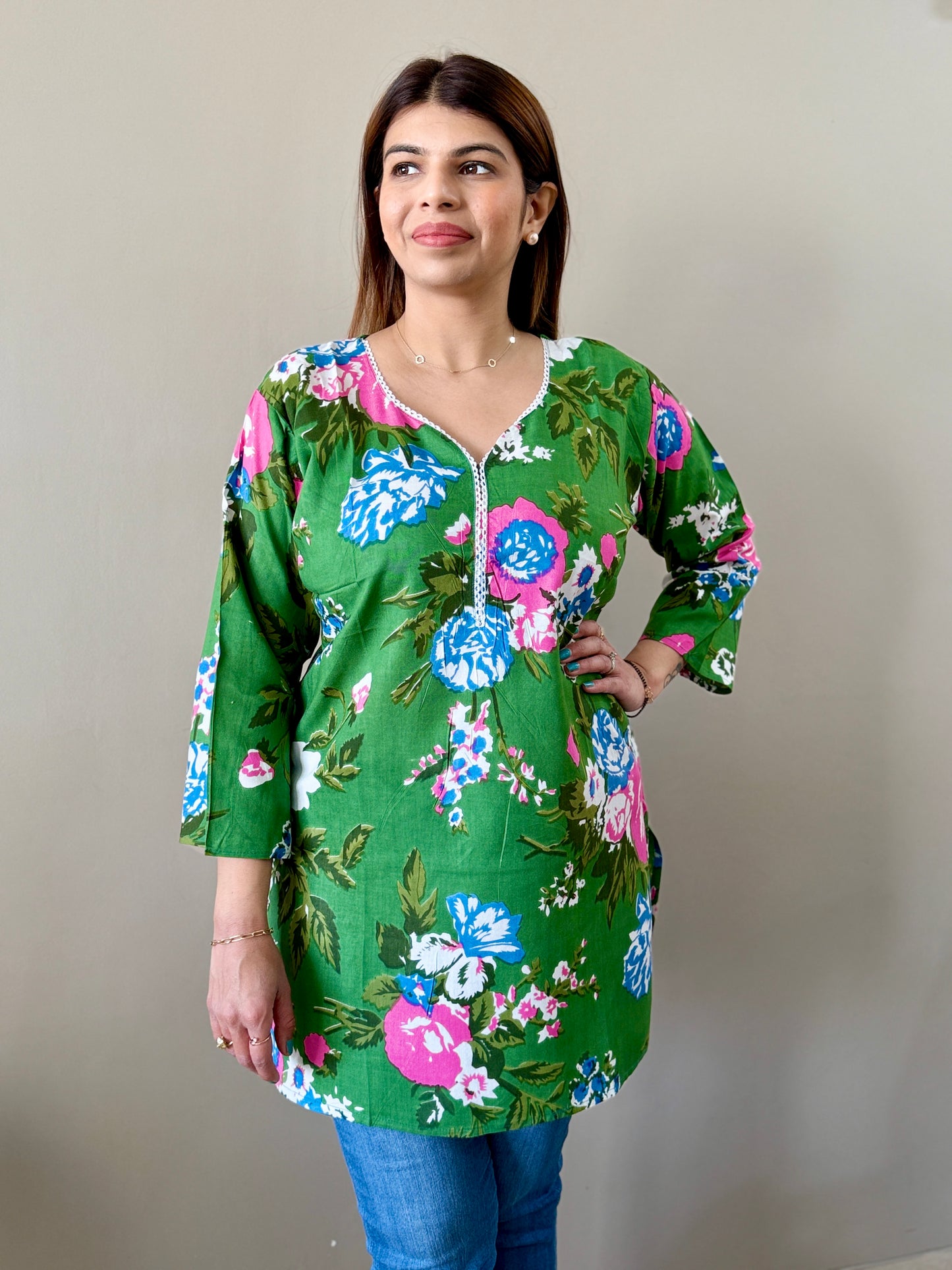 Floral Green Short Kurti
