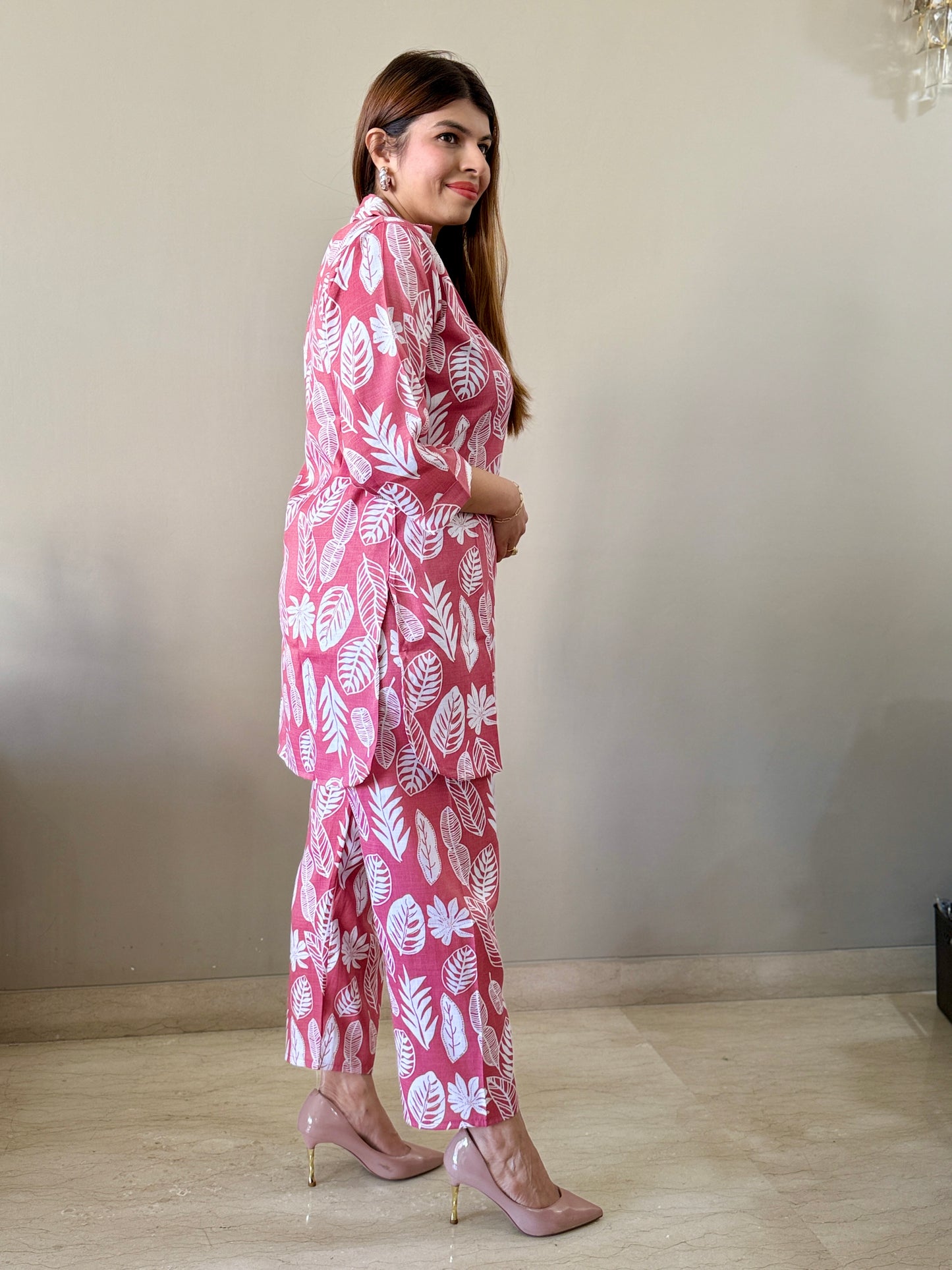 Mauve Collared Cotton Floral Coord Set