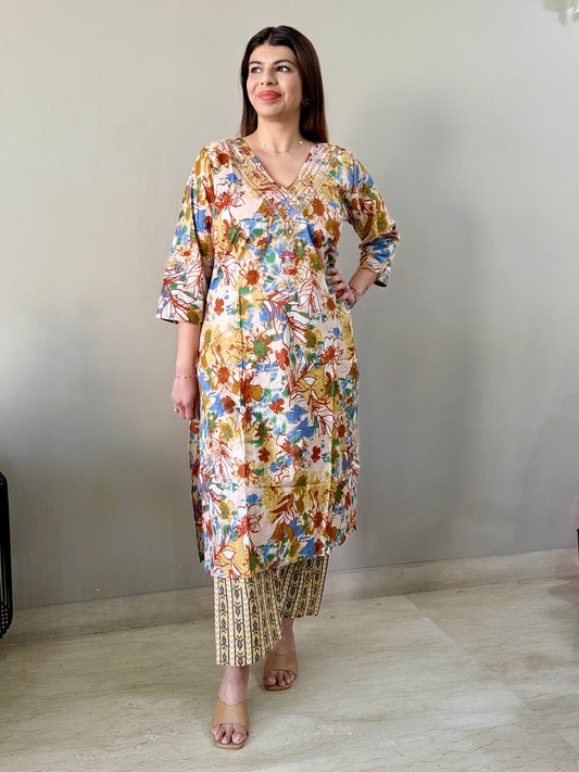 Multicolor V-Neck Cotton Coord Set
