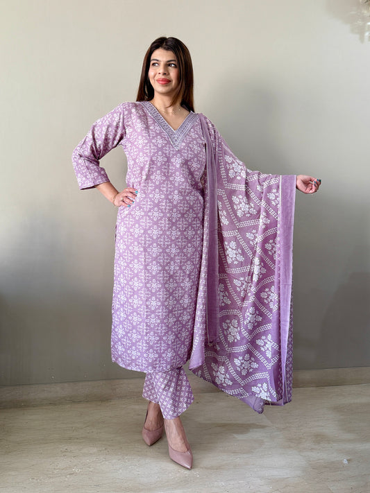 Lilac Floral Cotton Blend suit set with Pant and Dupatta