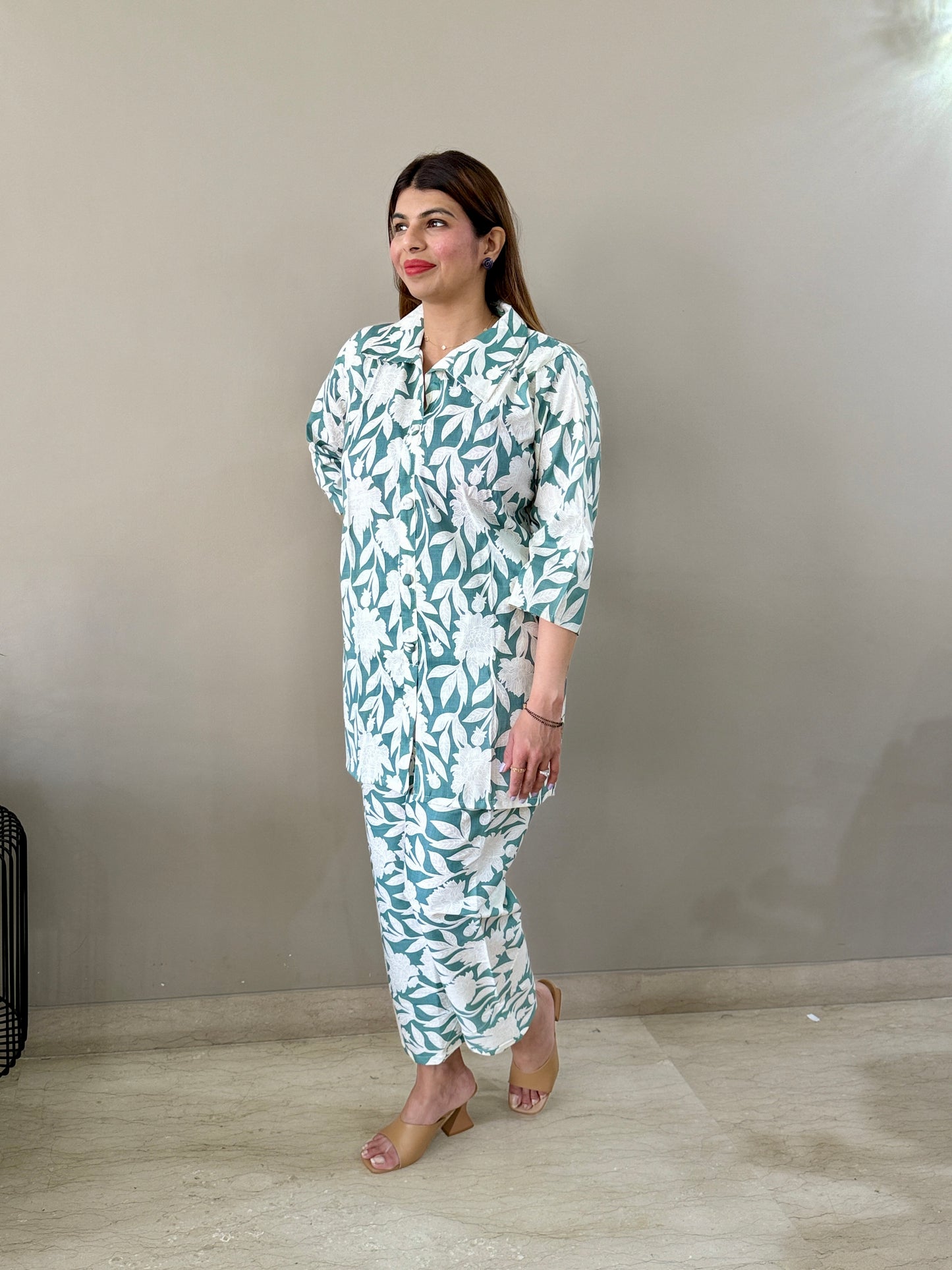 Green Collared Cotton Floral Coord Set