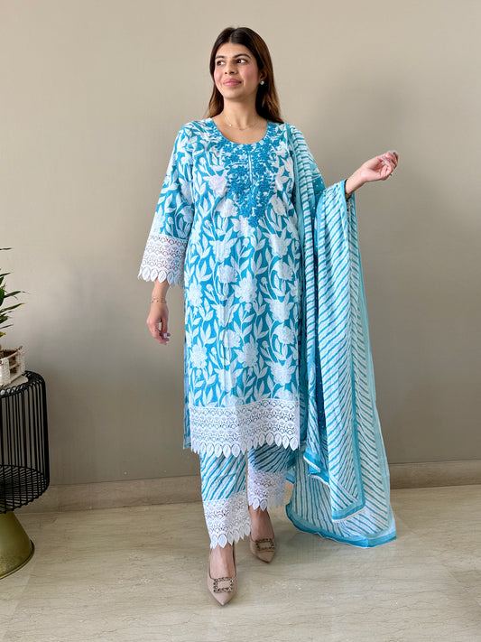 Cotton Blue Embroidered 3-Piece Suit Set with Lace Detailing