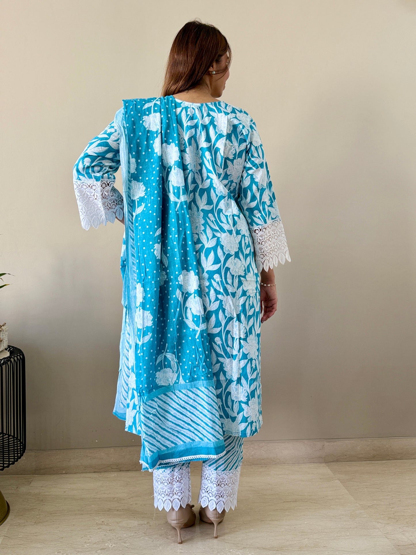 Cotton Blue Embroidered 3-Piece Suit Set with Lace Detailing