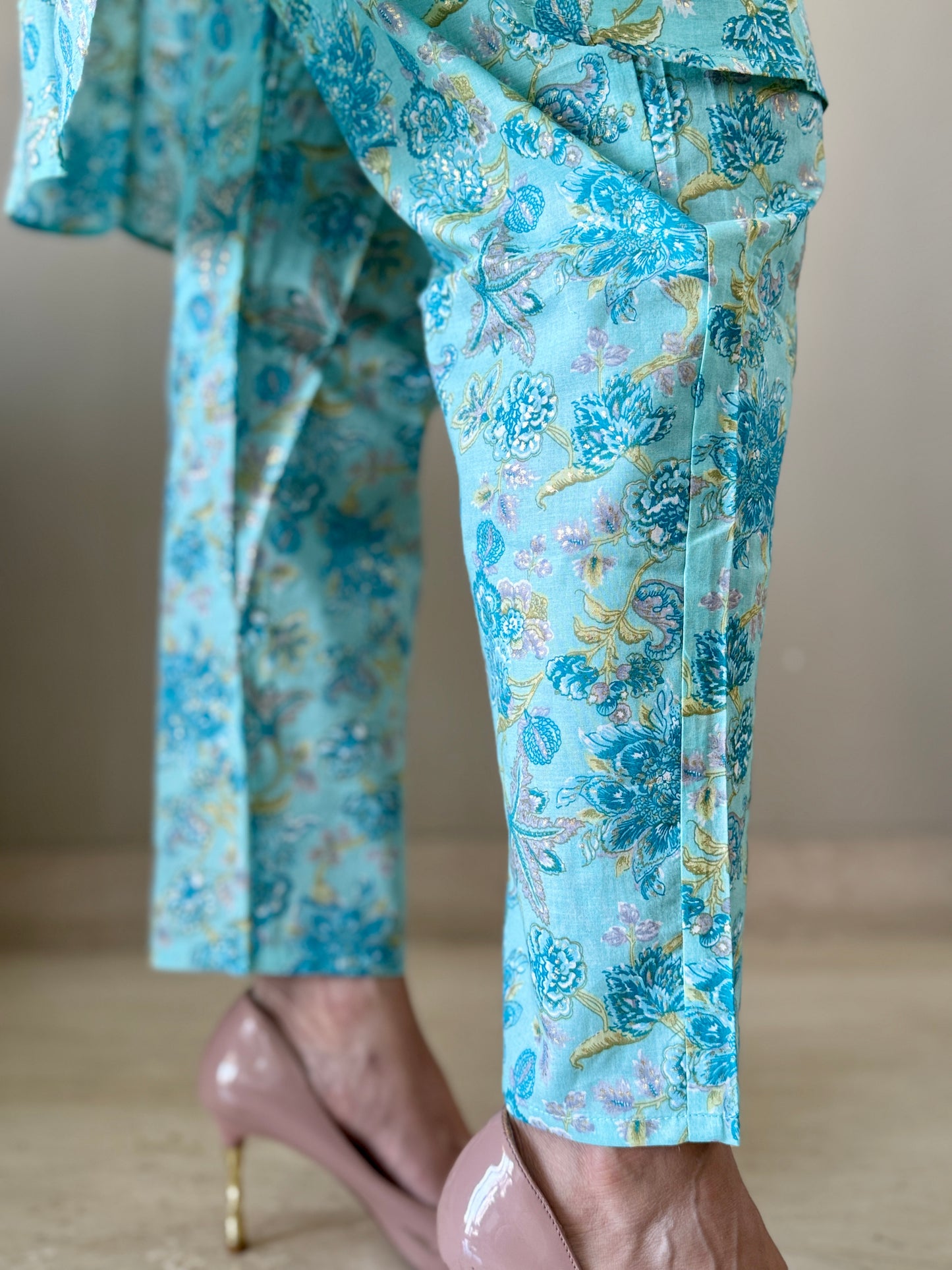 Sky Blue Floral Cotton Coord Set