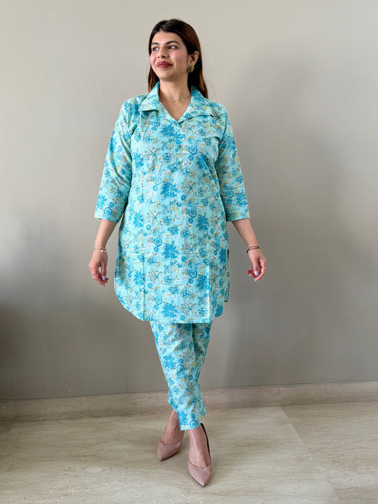 Sky Blue Floral Cotton Coord Set