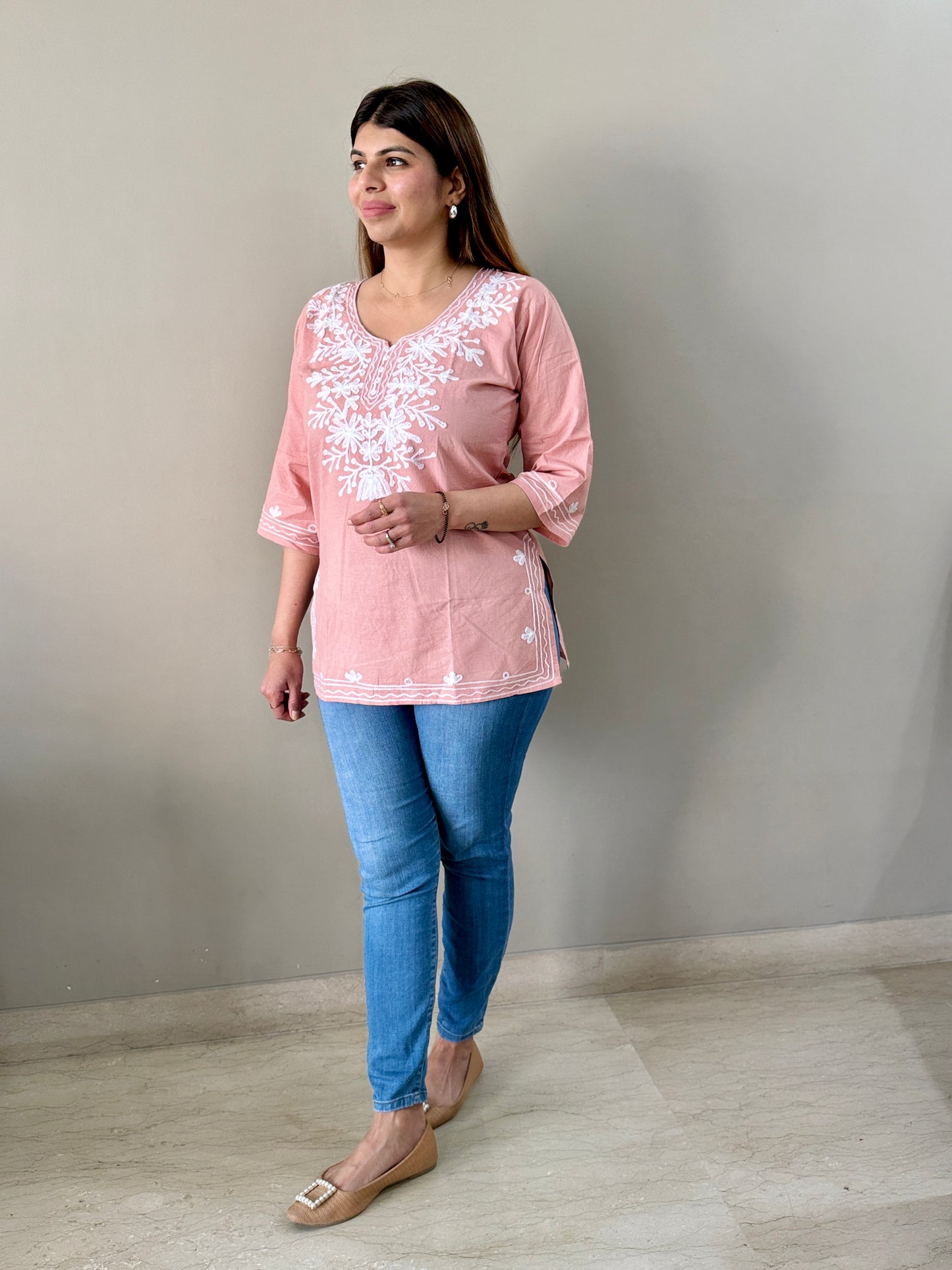 Cotton Peach Chikankari Short Kurti