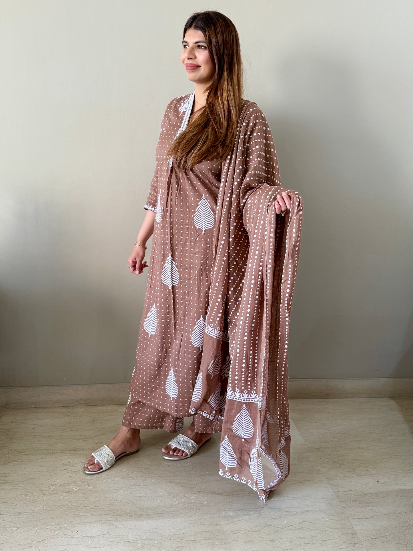 Cotton Floral Palazzo Set with Dupatta - Brown