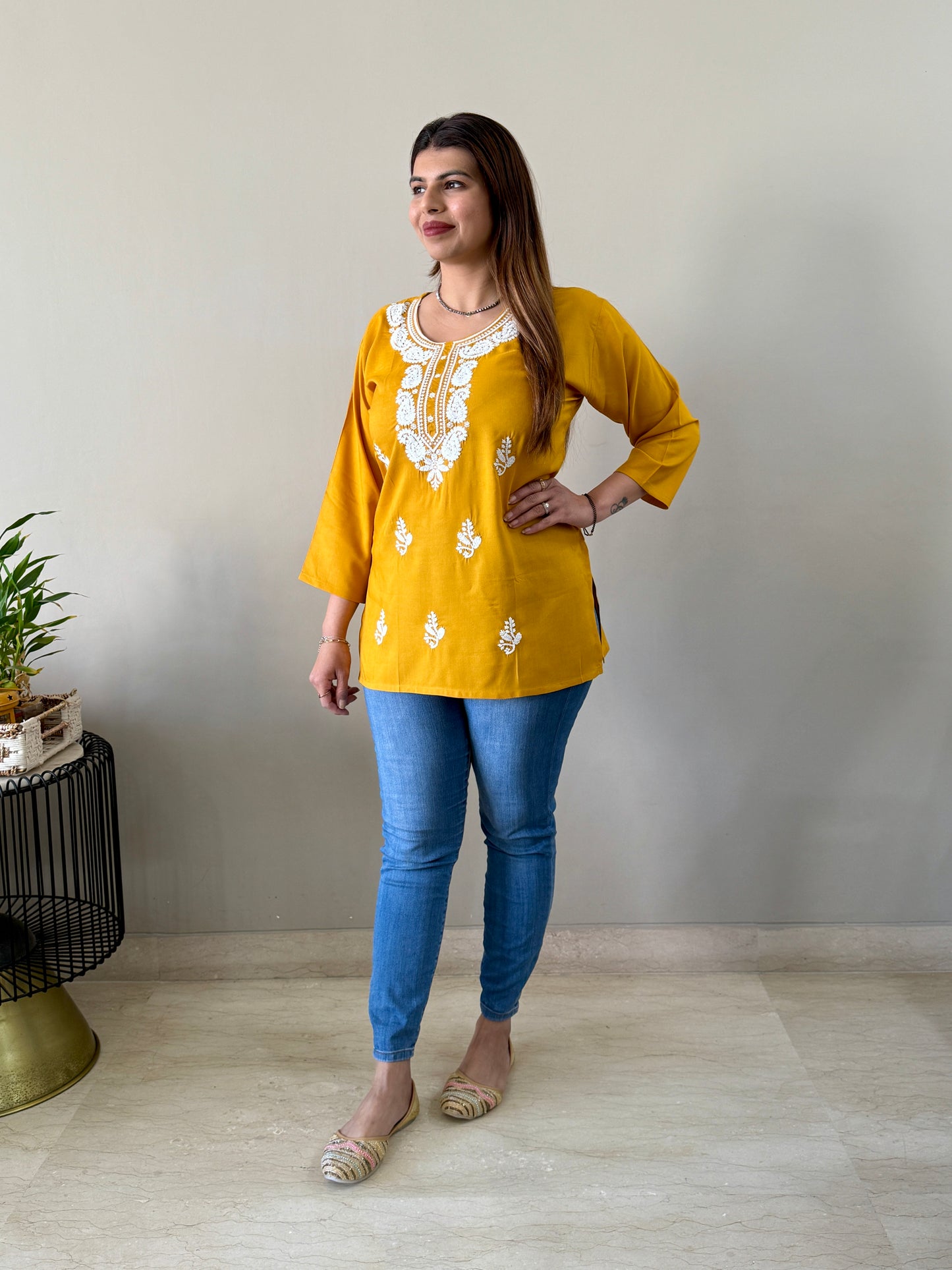 Mustard Rayon Chikankari Short Kurti