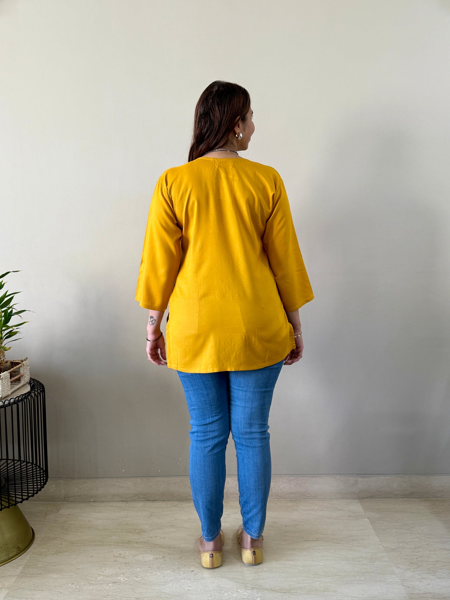 Mustard Rayon Chikankari Short Kurti