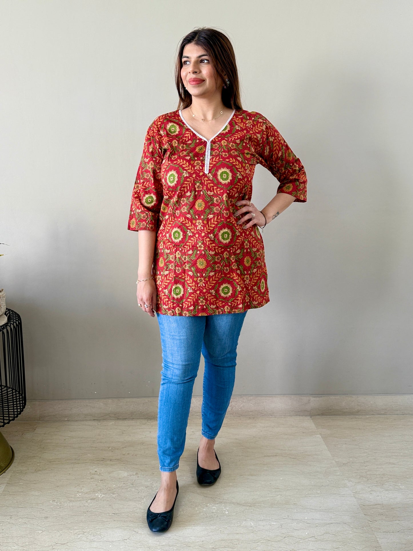 Red Floral Cotton Short Kurti