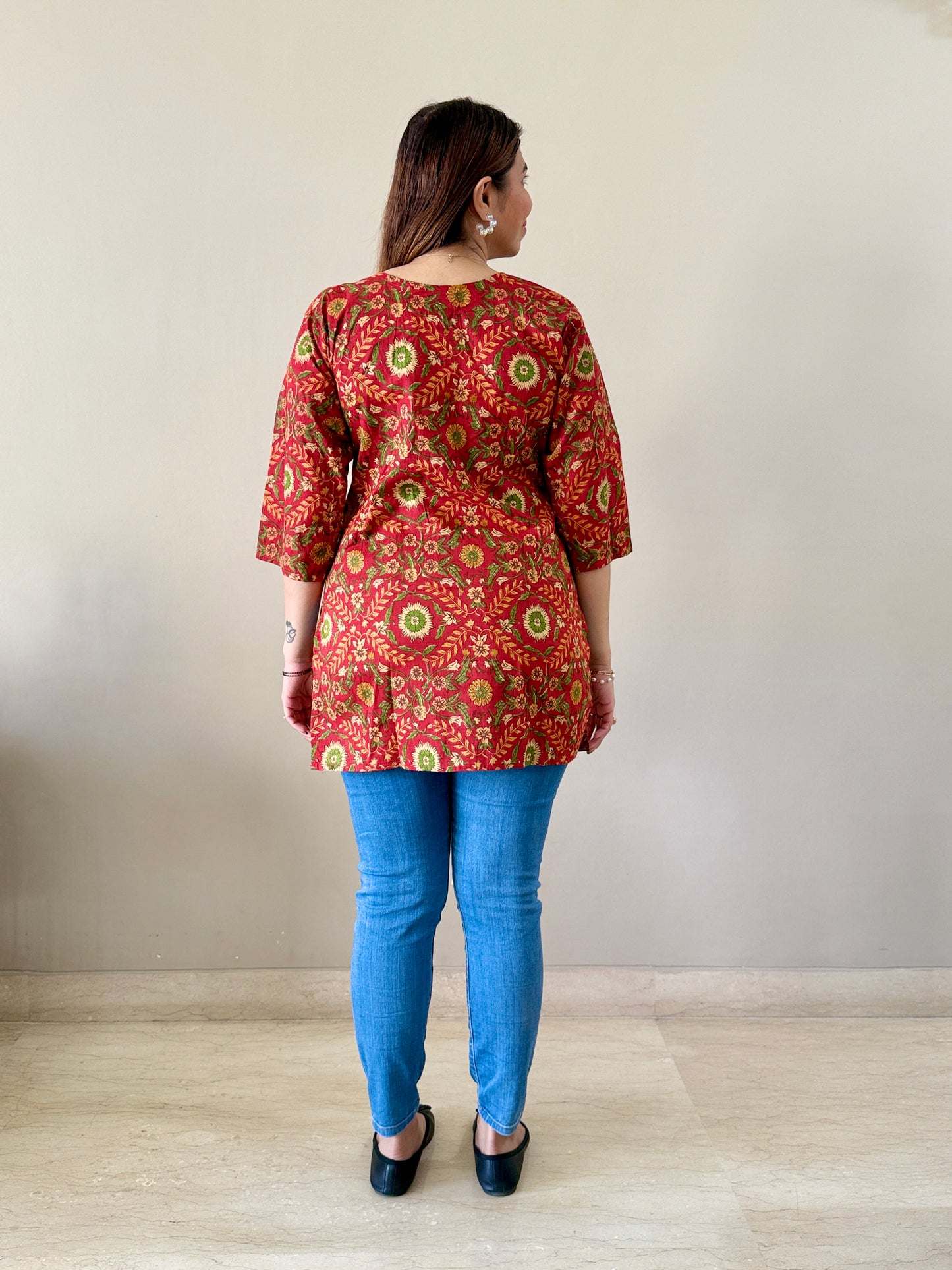 Red Floral Cotton Short Kurti