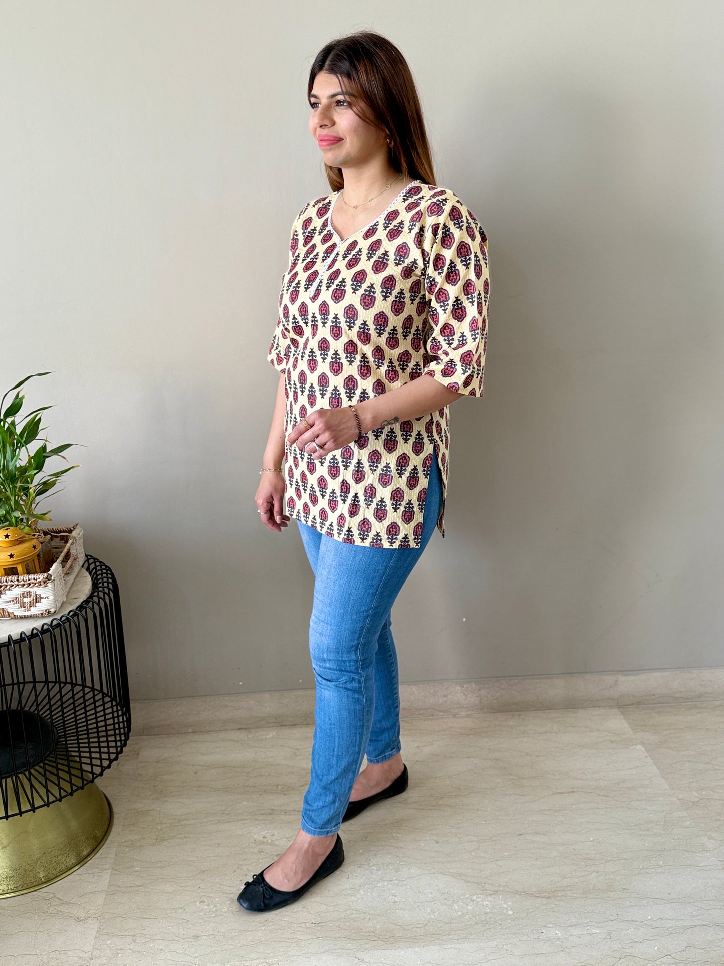 Cotton Light Yellow Floral Short Kurti