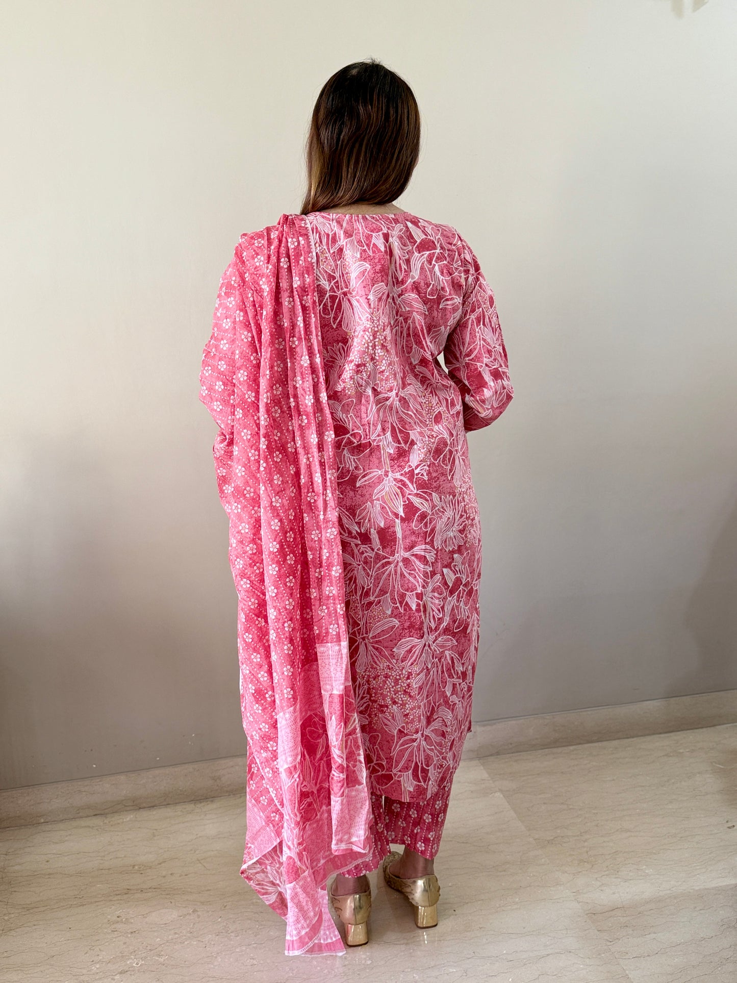 Cotton Pink Floral 3 piece suit set