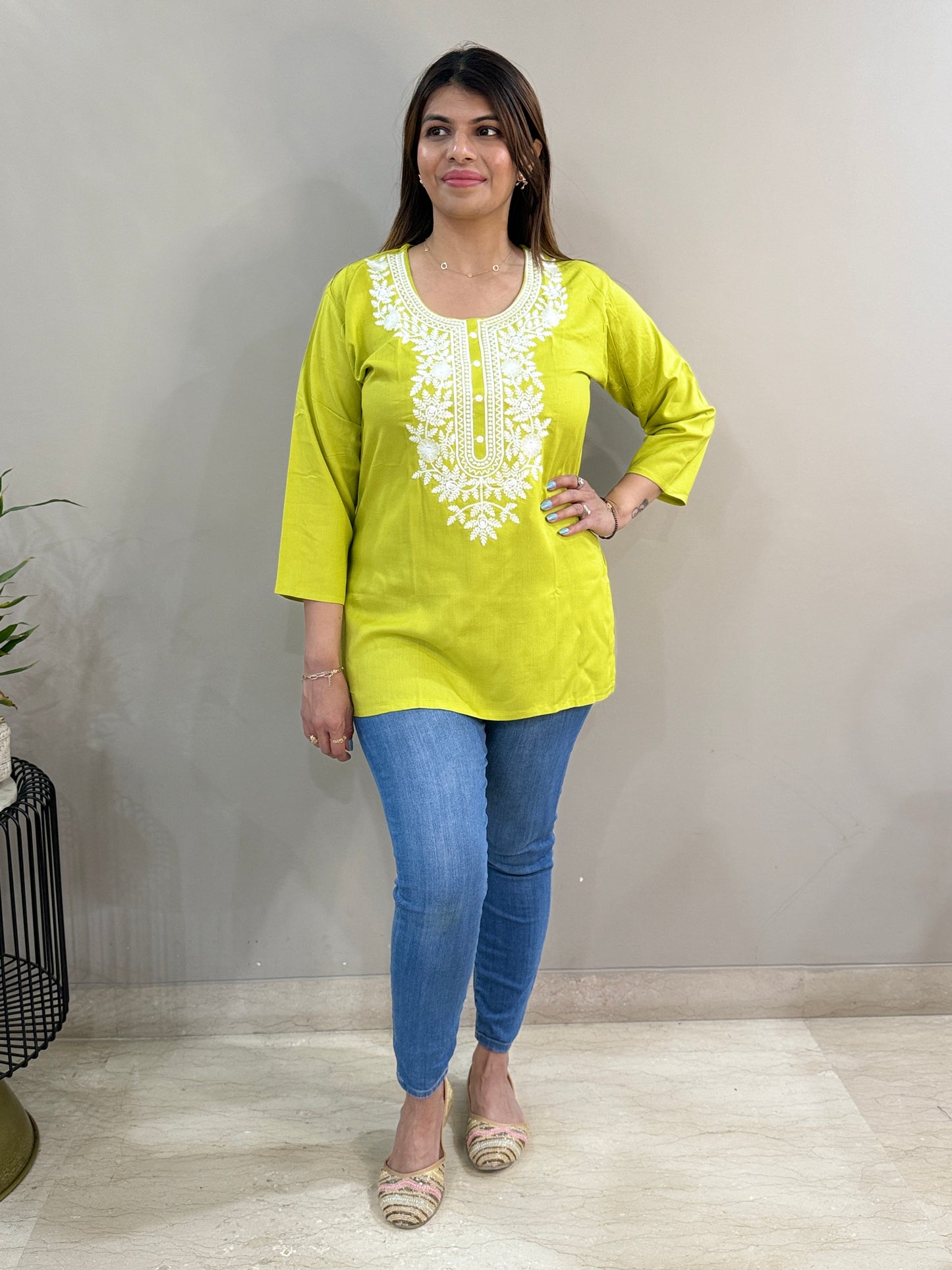 Lime Green Rayon Chikankari Short Kurti