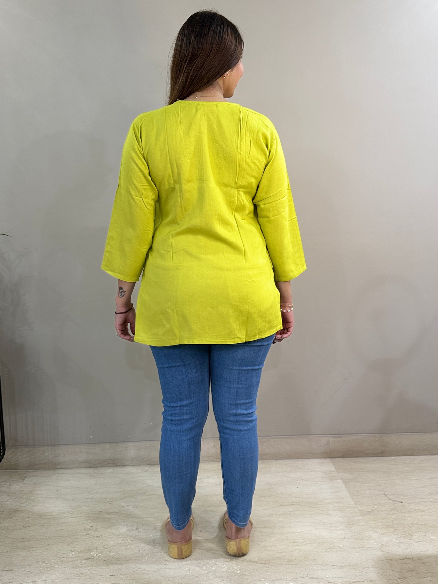 Lime Green Rayon Chikankari Short Kurti