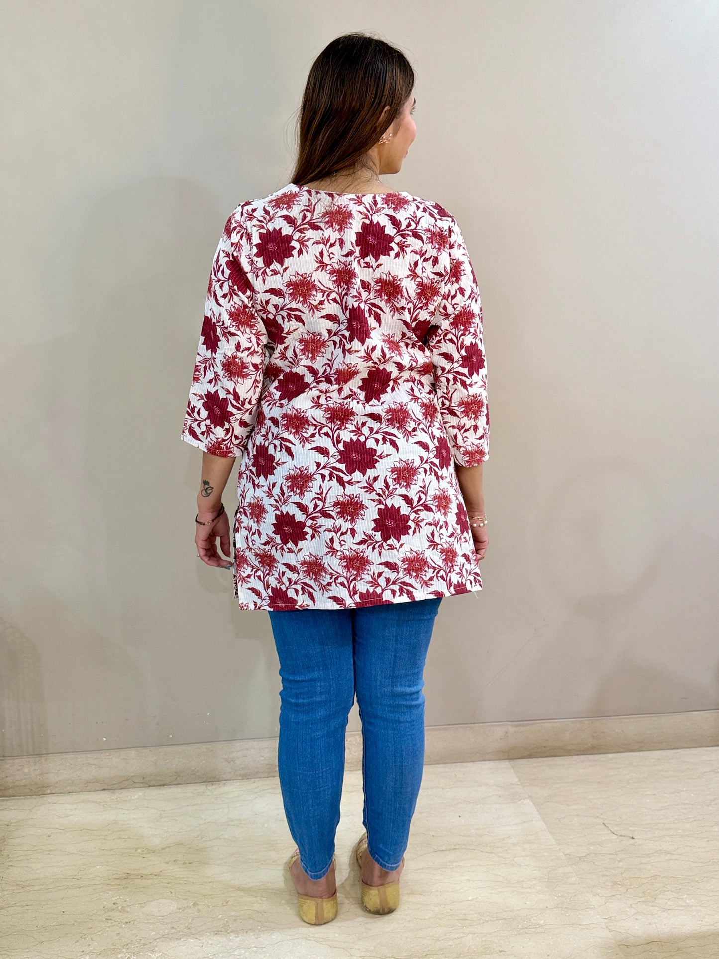 Red Floral Angrakha Cotton Short Kurti
