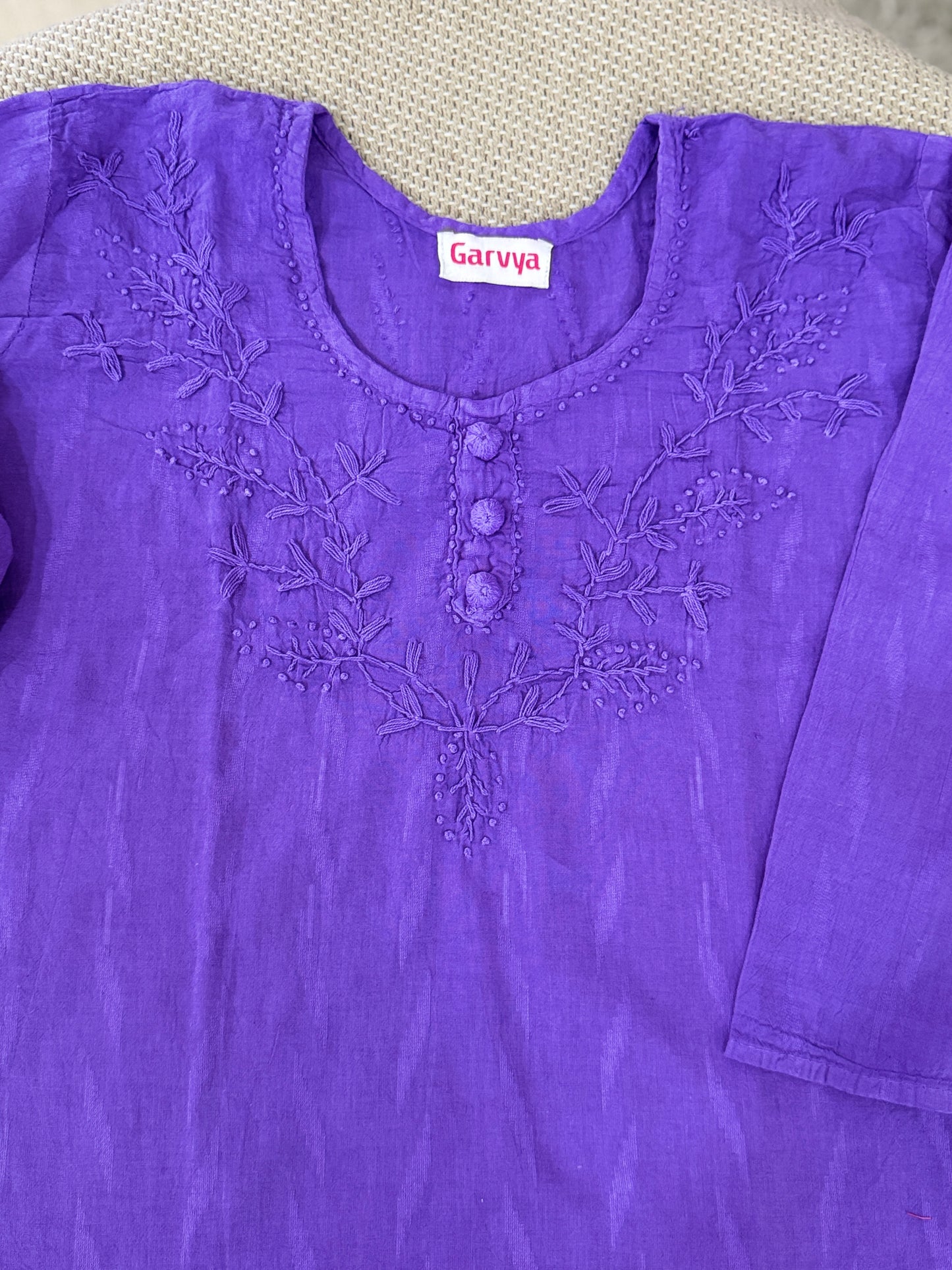 Purple Embroidered Cotton Short Kurti