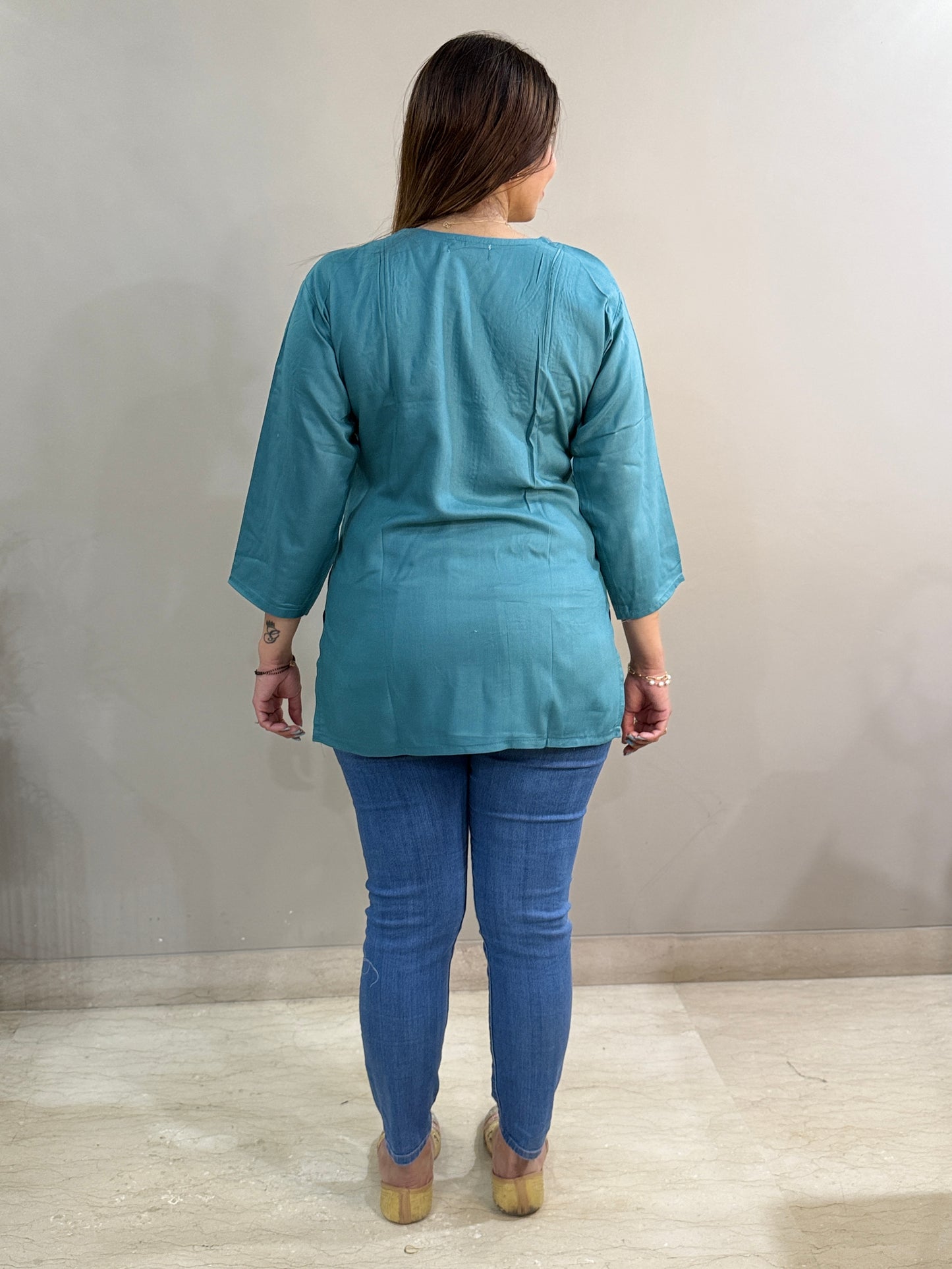 Teal Rayon Chikankari Short Kurti