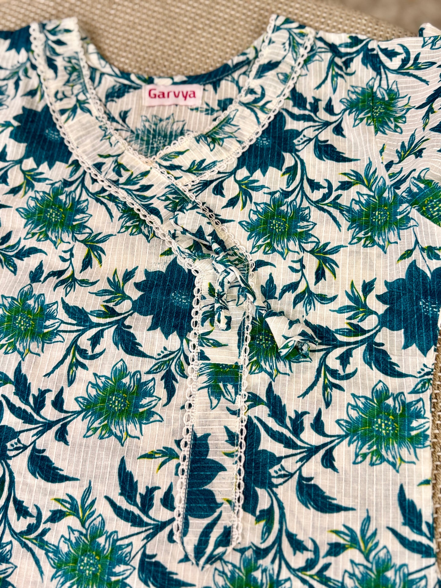 Green Floral Angrakha Cotton Short Kurti