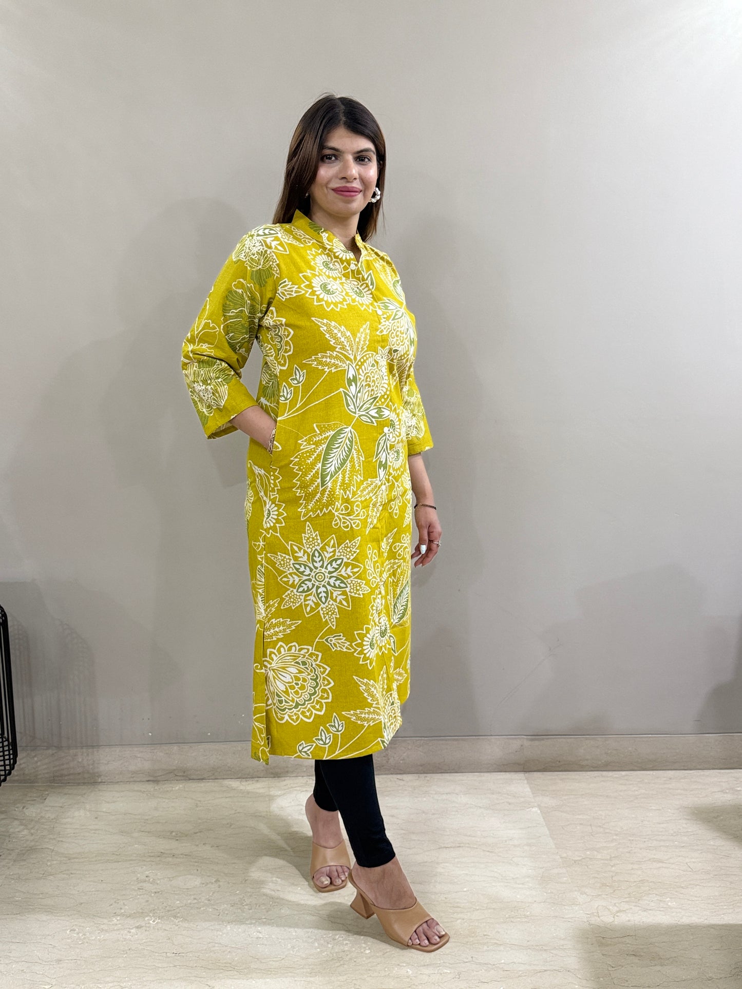 Flex Cotton Mustard Floral A line Kurti