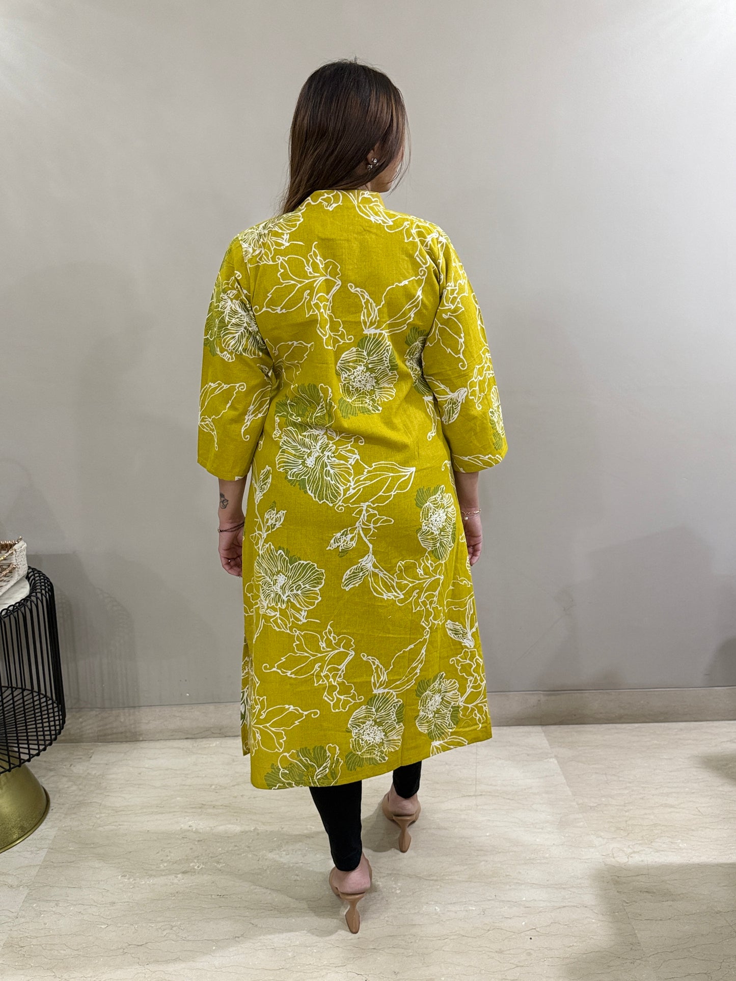Flex Cotton Mustard Floral A line Kurti