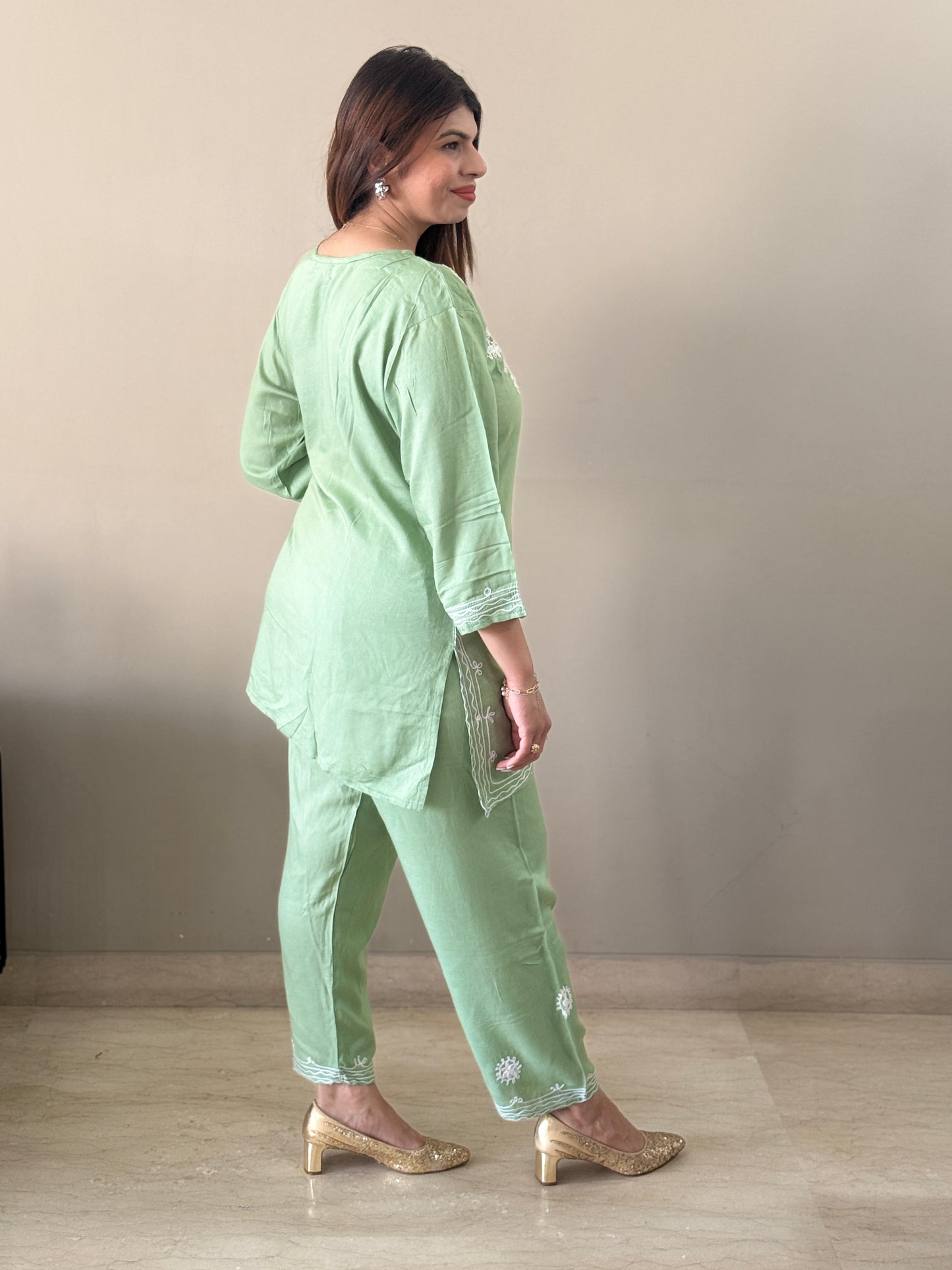 Pista Green Rayon Embrioidered Coord Set