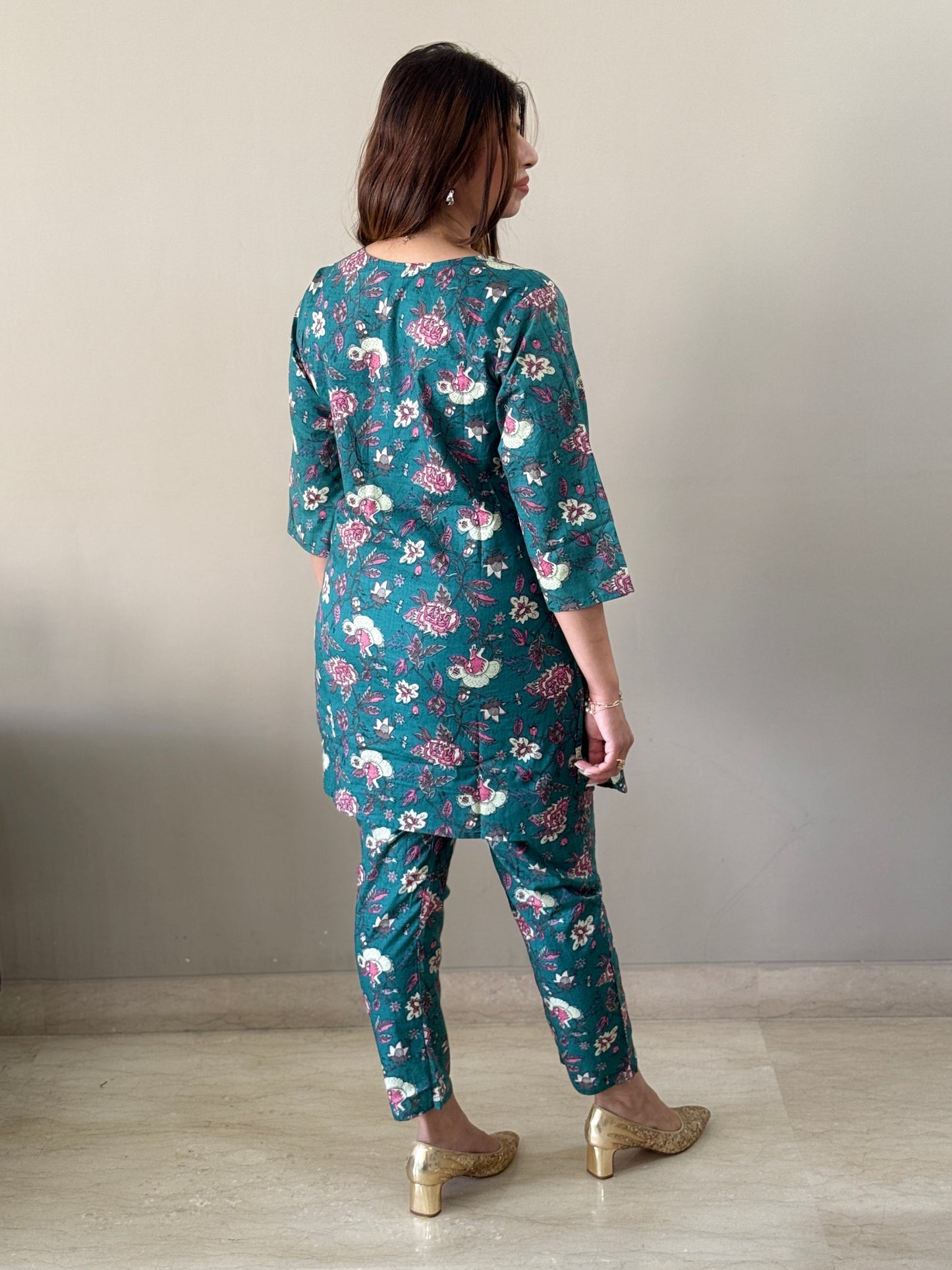 Dark Green Cotton Floral Coord Set