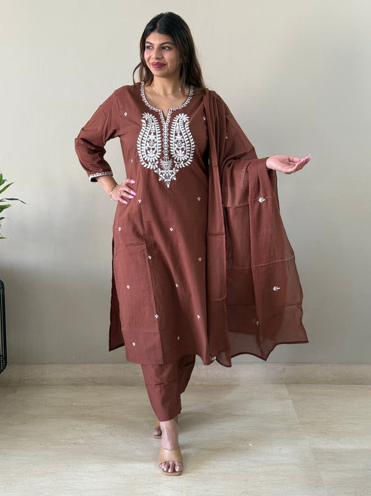Brown Embroidered Cotton Suit Set