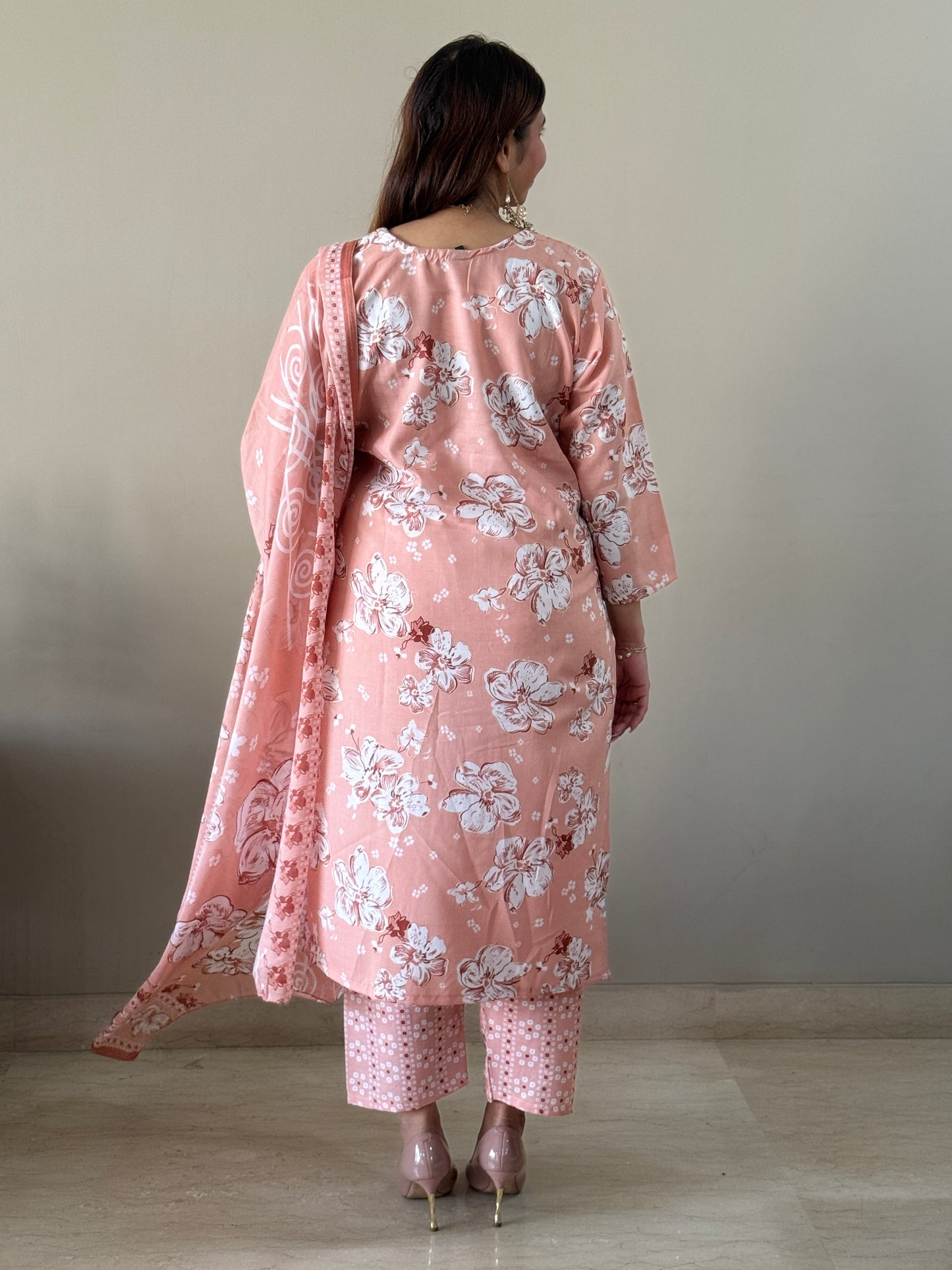 Peach Floral Cotton Blend Suit Set