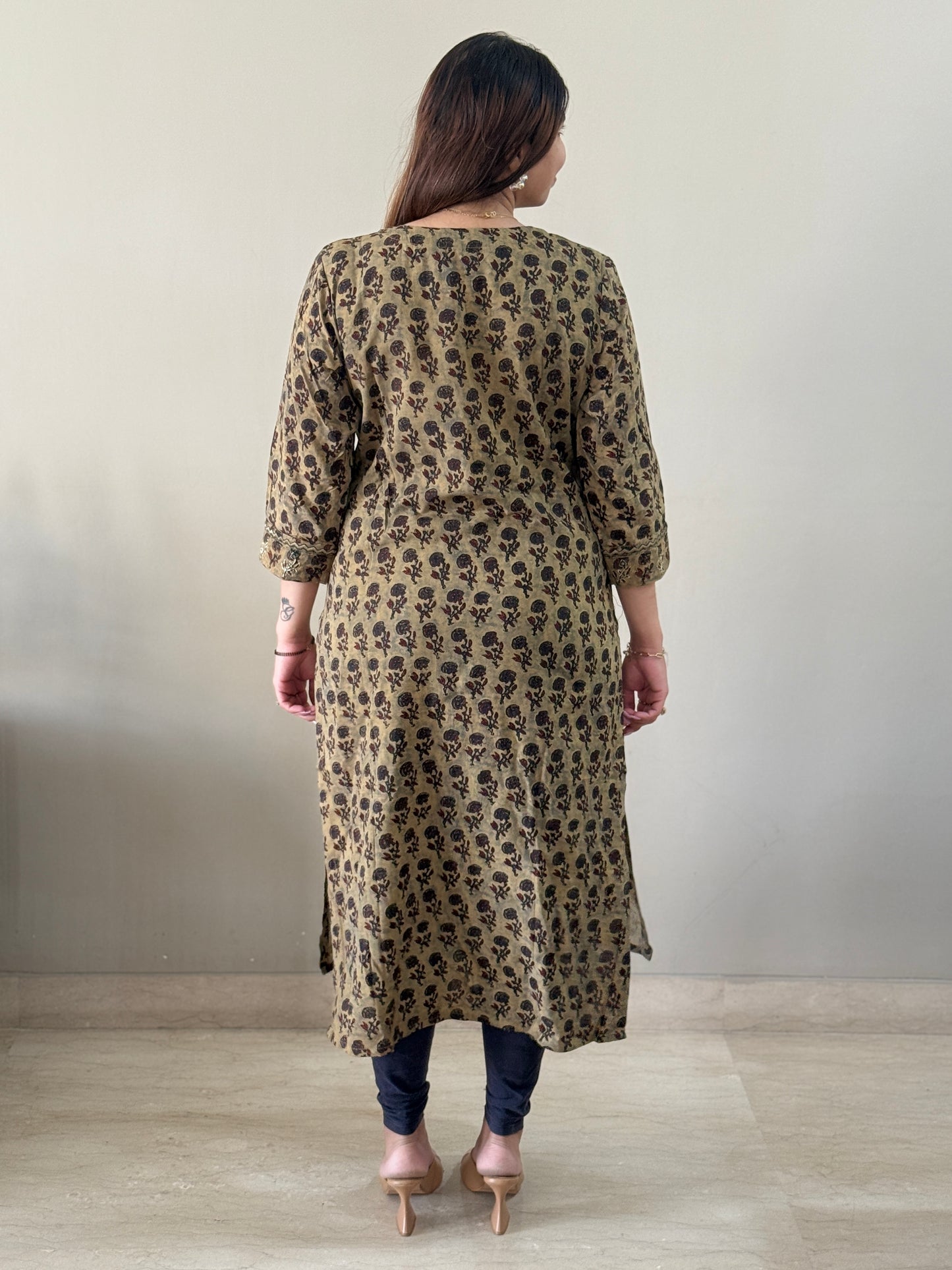 Cotton Floral Kurti - Olive Brown