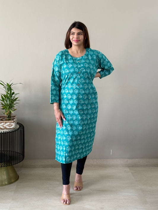 Turquoise Cotton Floral Kurti