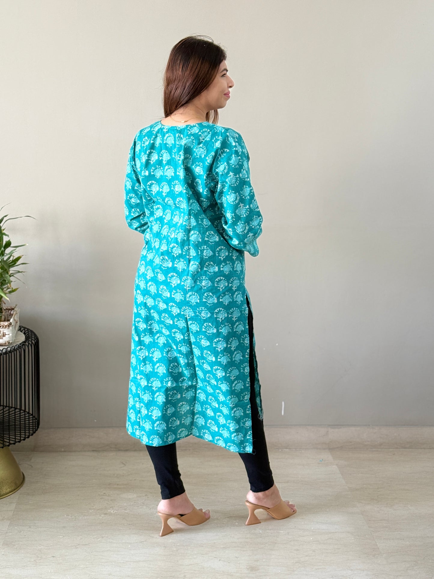 Turquoise Cotton Floral Kurti