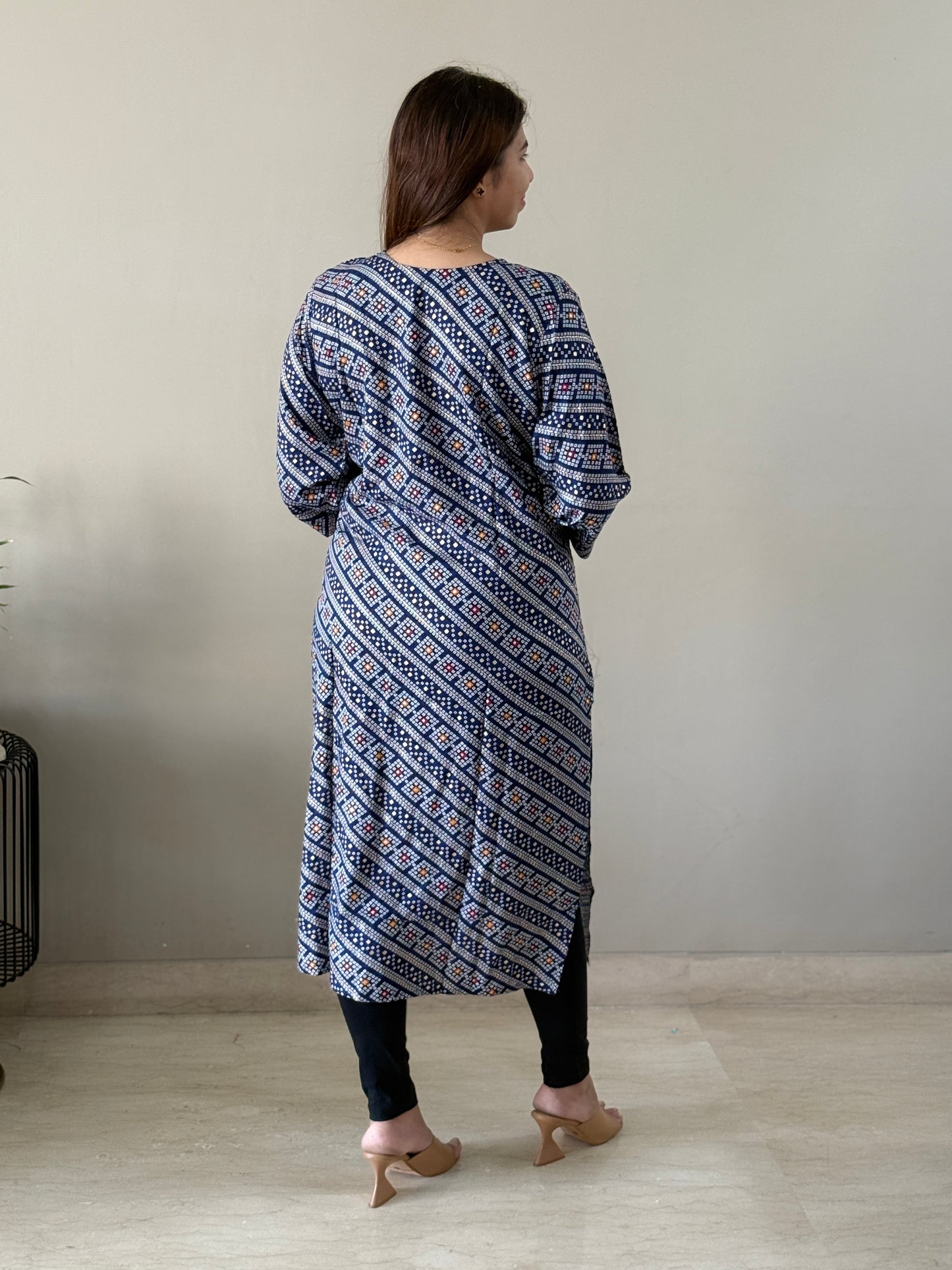 Navy Blue Printed Bandhej Rayon Kurti
