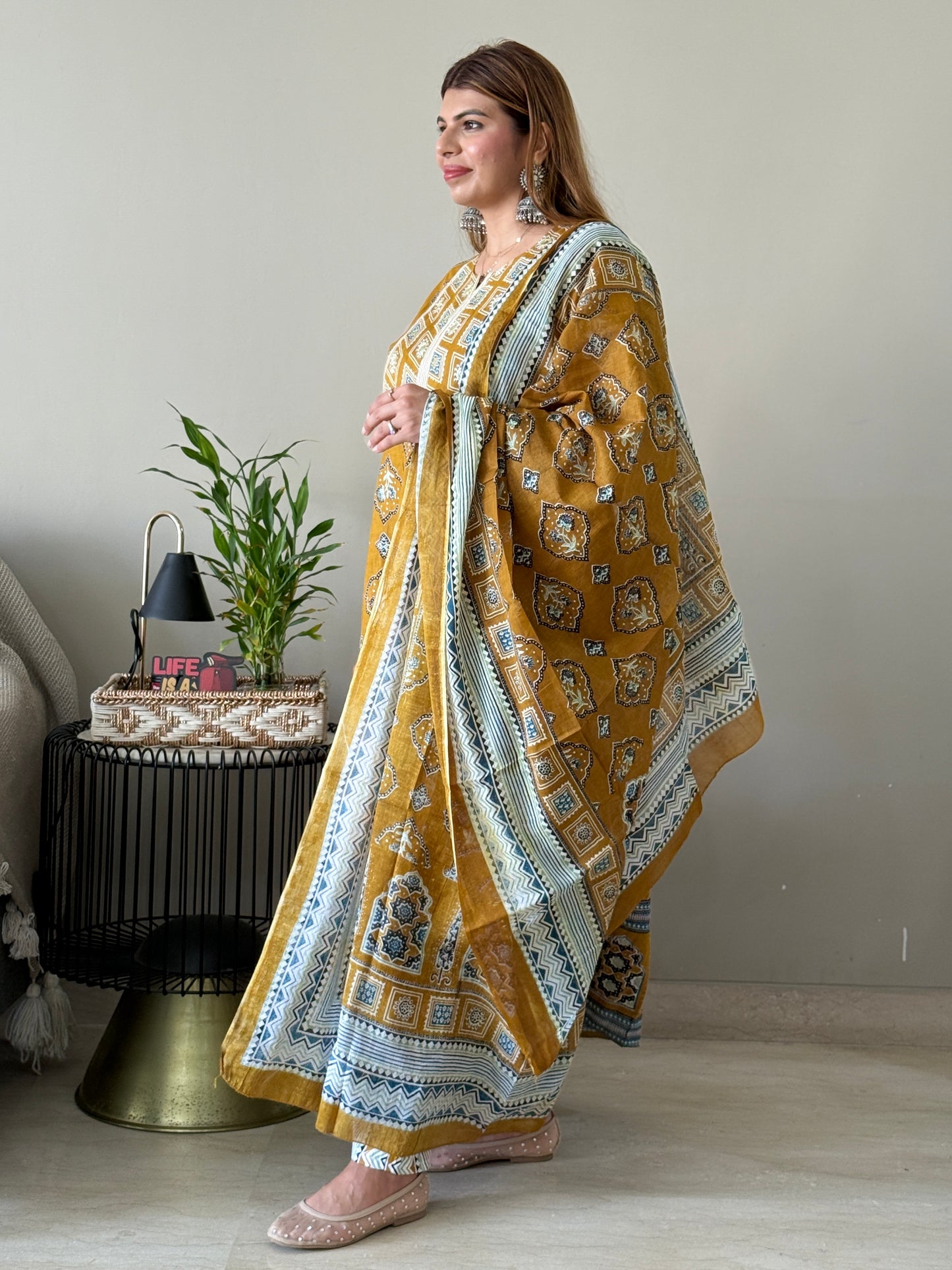 Mustard Cotton Anarkali Suit Set