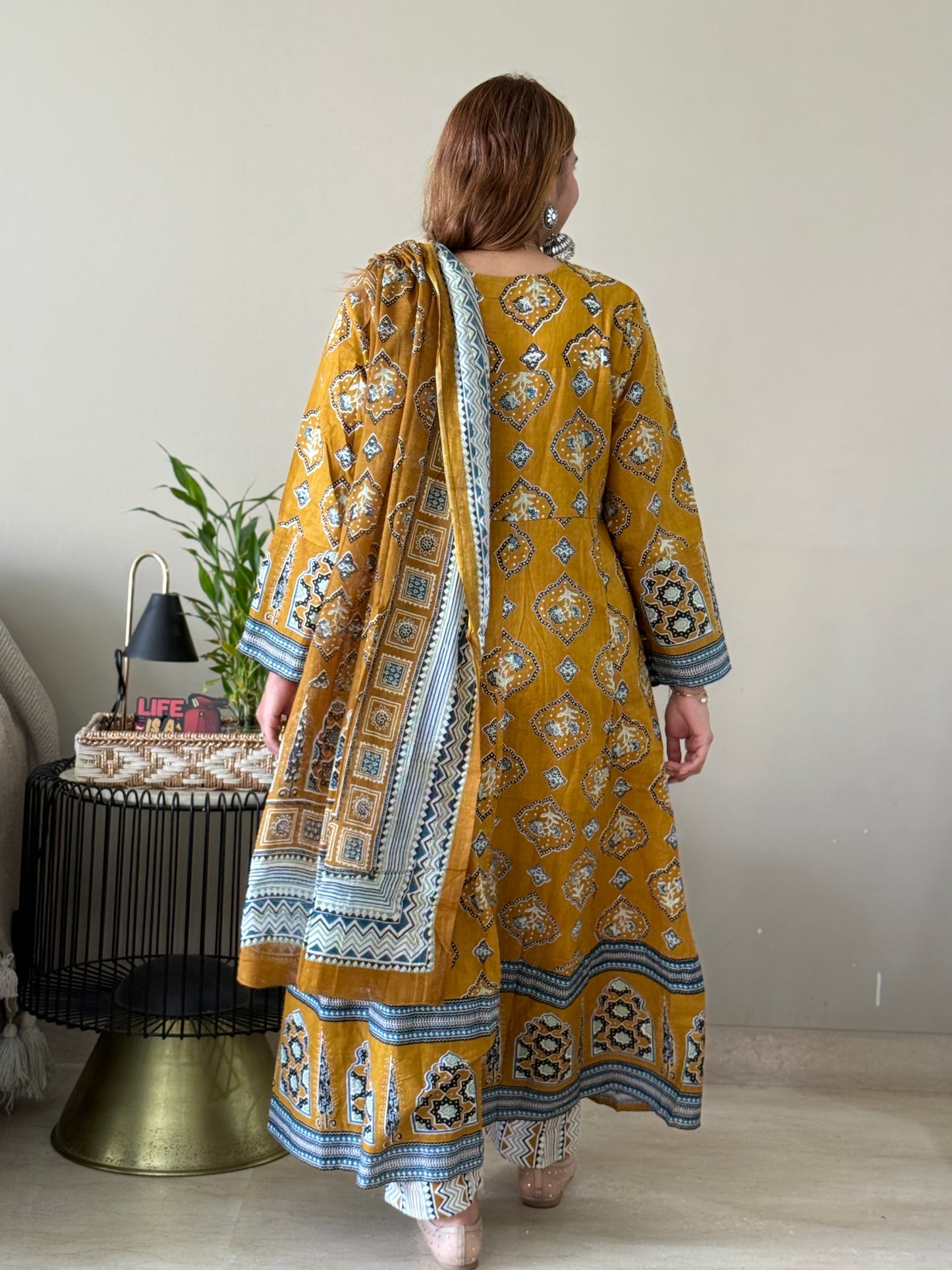 Mustard Cotton Anarkali Suit Set