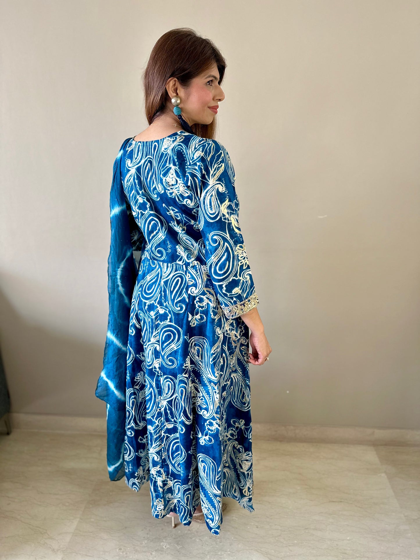 Blue V Neck Anarkali 3 piece suit set