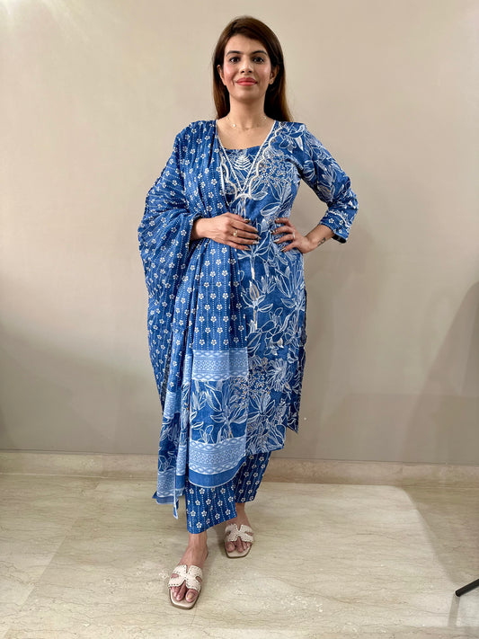 Cotton Blue Floral 3 piece suit set