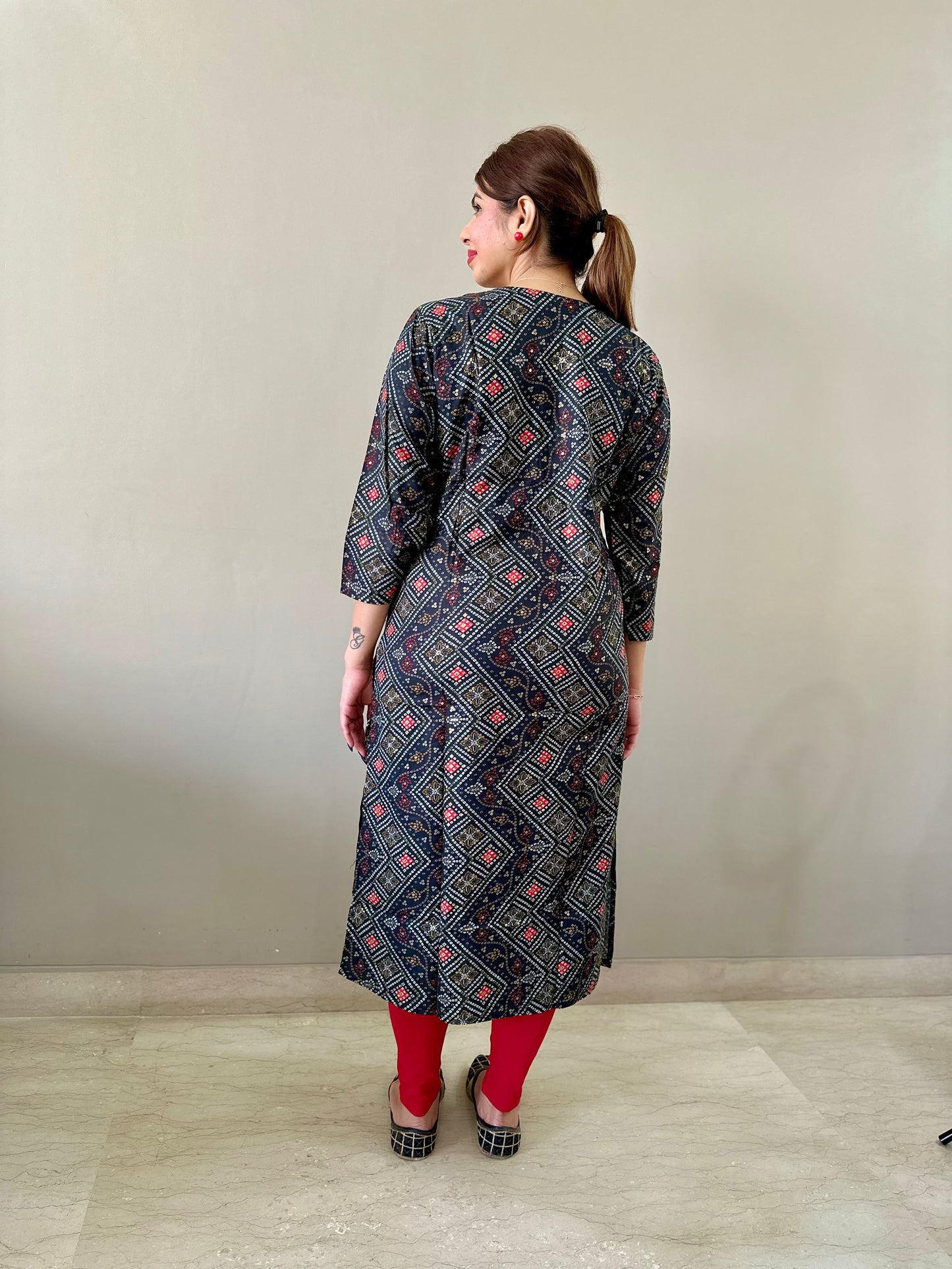 Printed Bandhej Kurti - Black