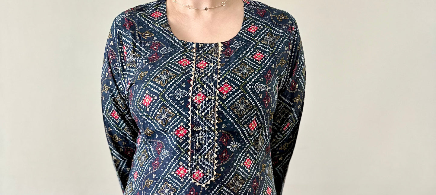 Printed Bandhej Kurti - Black