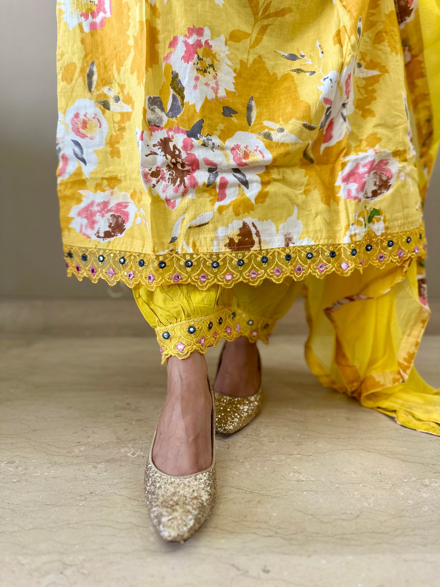 Yellow V Neck 3 pc Suit Set