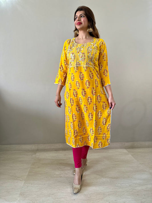 Yellow Cotton Kurti with detailed Yolk design