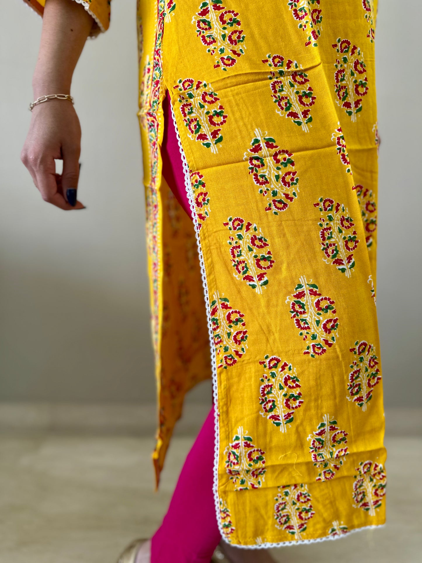 Yellow Cotton Kurti with detailed Yolk design
