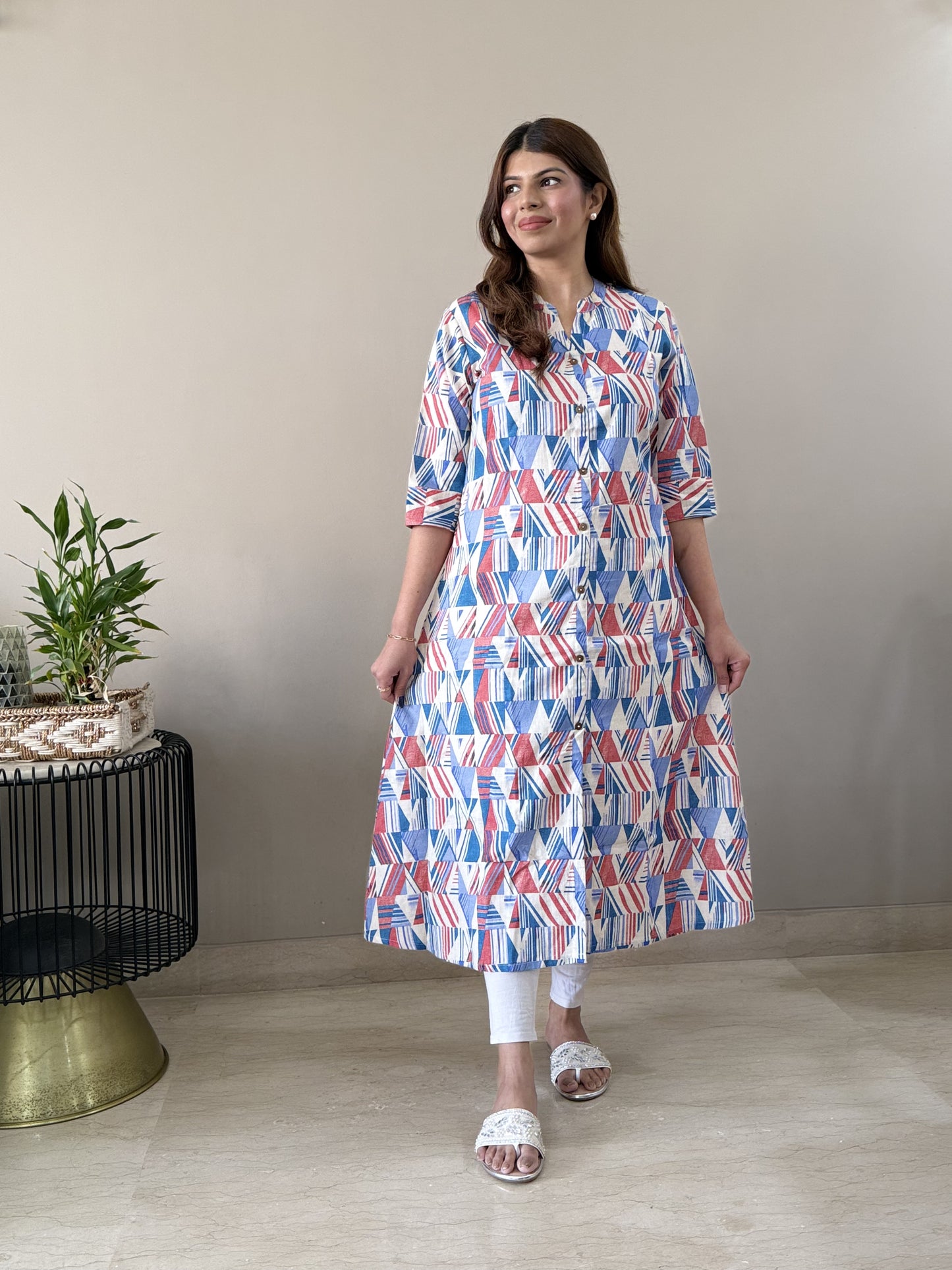 Geometric A Line Kurti - Blue