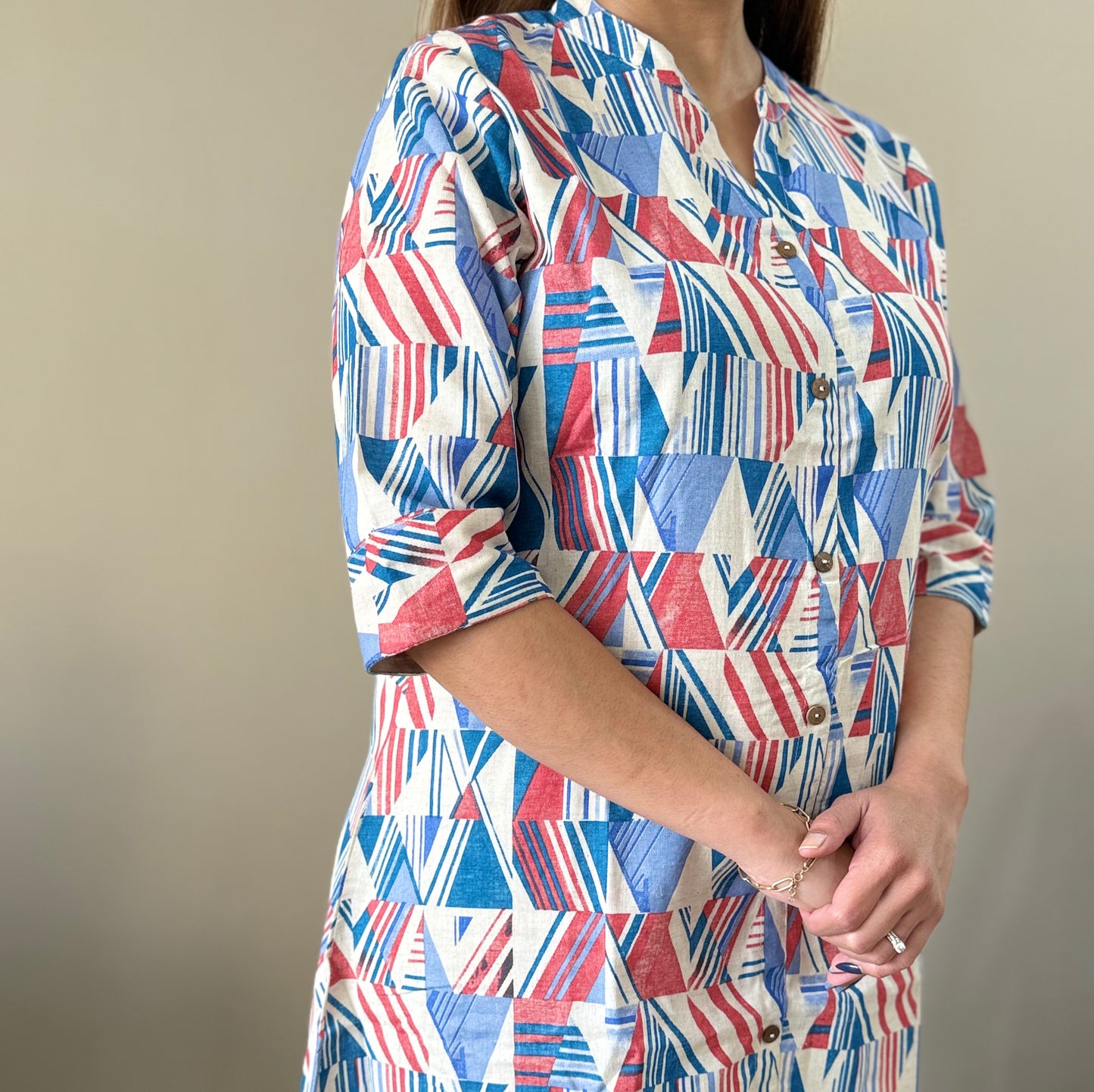 Geometric A Line Kurti - Blue