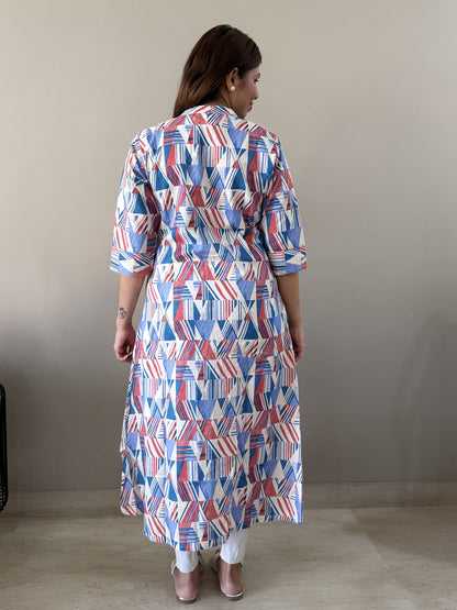 Geometric A Line Kurti - Blue