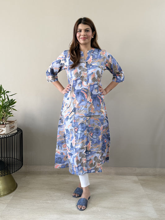 Camou Print A Line Kurti - Blue