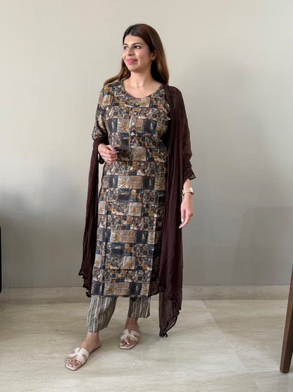 Geometric and Floral Pattern 3 pc suit set- Brown