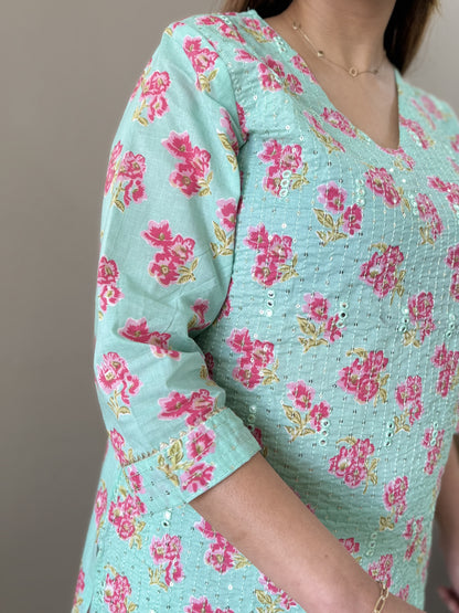 V neck floral kurti - Teal