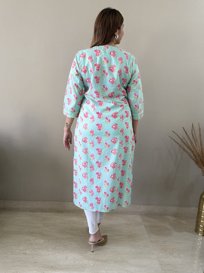 V neck floral kurti - Teal